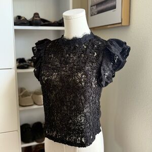 Zara Beautiful Elegant Black Lace Ruffled Short Sleeve Blouse Size Small